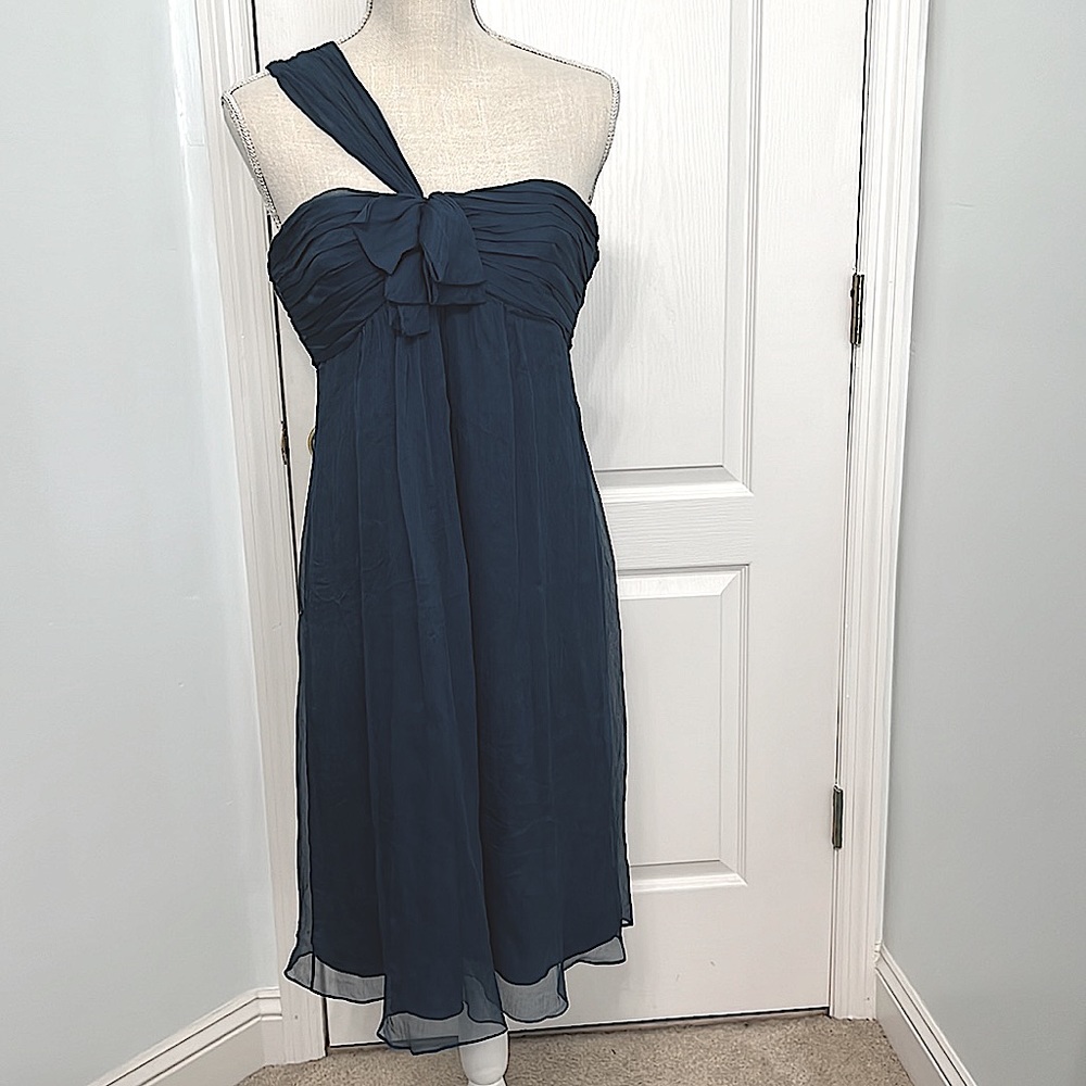 Amsale Silk Teal One Shoulder Strap Dress - Picture 1 of 14